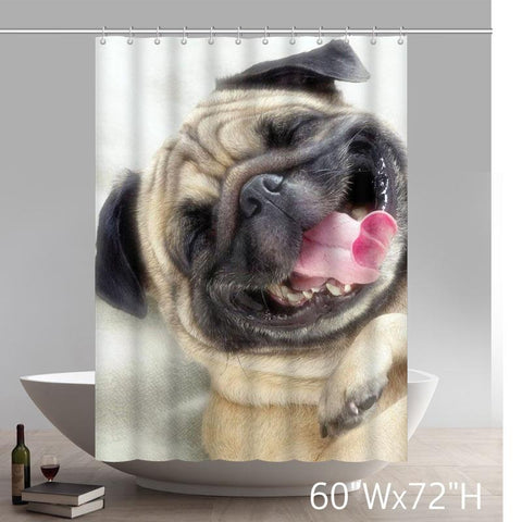 Image of Lovely Happy Pug Dog Belldog Polyester Fabric Bathroom Shower Curtain