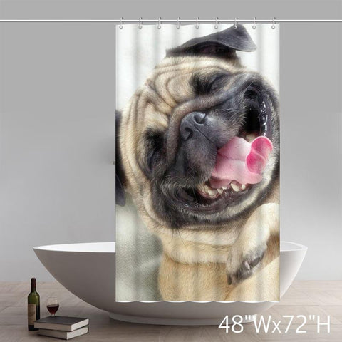 Image of Lovely Happy Pug Dog Belldog Polyester Fabric Bathroom Shower Curtain