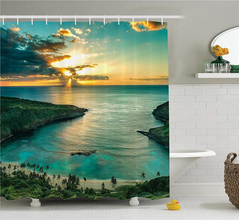 Hawaiian Decorations Shower Curtain Set Sunrise Over Hanauma Bay On Oahu Hawaii Sunbeams Through Dark Clouds Shoreline