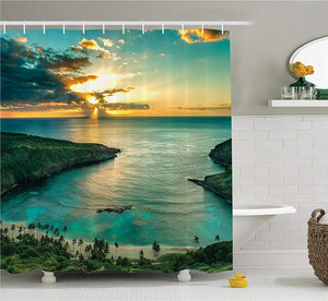 Hawaiian Decorations Shower Curtain Set Sunrise Over Hanauma Bay On Oahu Hawaii Sunbeams Through Dark Clouds Shoreline