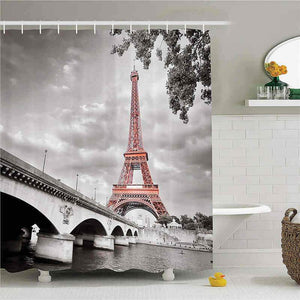 Shower curtains Paris City Decor Collection Eiffel Tower Bridge Capital City Cloudscape Monochrome Selective Colorization Picture