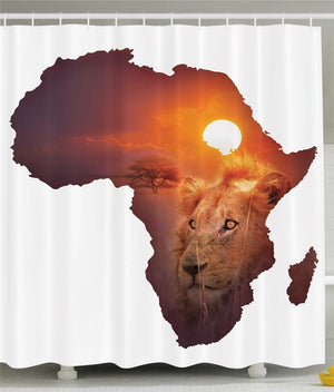 Safari Decor African Art Wildlife Shower Curtain Continent Lion Sunset Digital Print High Resolution Picture Photography Brown and White