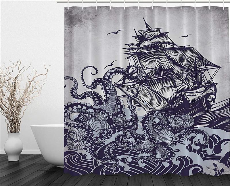 Sail Boat Waves and Octopus Old Look Home Textile European Style Bathroom Decoration Cozy Lovely Decor Pleasing Peculiar Shower Curtain