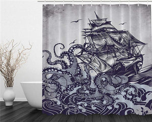 Sail Boat Waves and Octopus Old Look Home Textile European Style Bathroom Decoration Cozy Lovely Decor Pleasing Peculiar Shower Curtain