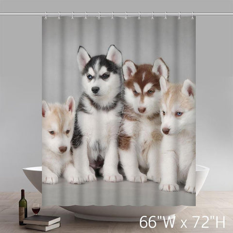 Image of Funny Siberian Husky Puppies Dogs Pets Pattern Bathroom Shower Curtain
