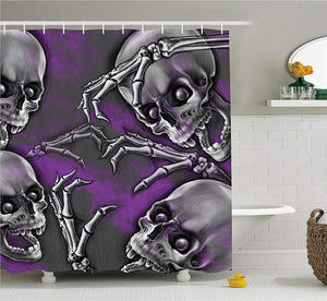 Skull Decor Shower Curtain Scary Creepy Spooky Happy Smiling Skeleton with Boned Hand Art Print Purple Grey and Black