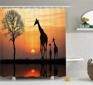 Wildlife Decor Shower Curtain Giraffes on Bushes by Lake Surface Horizon in The Middle of Nowhere Image